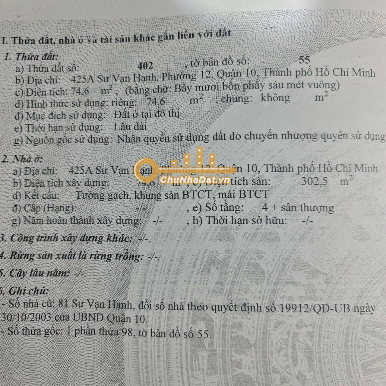 Read more about the article Bán Nhà 5 tầng Mặt tiền Sư Vạn Hạnh, Q.10 ngang 4.8m diện tích 75 m2 hướng Đông Nam